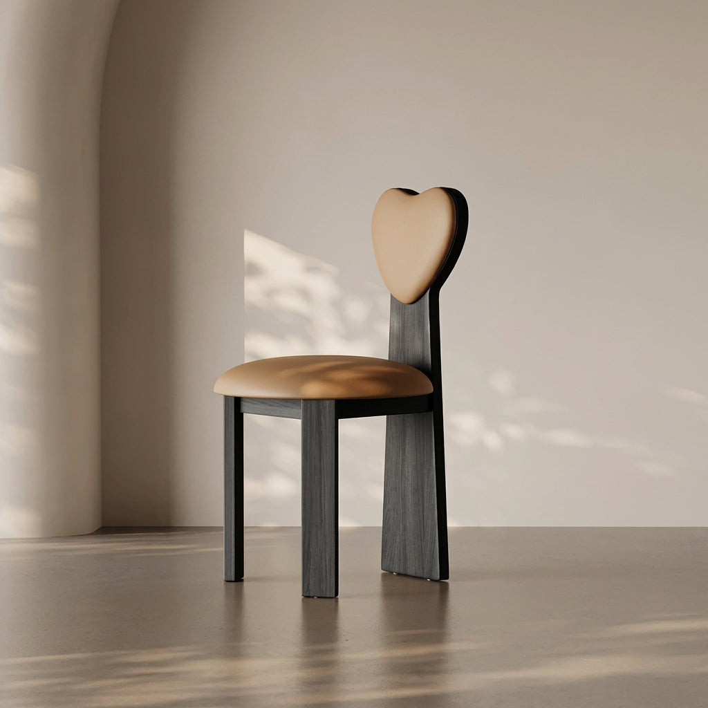 Chair with heart-shaped backrest on a neutral background, featuring MEA Chair brand.