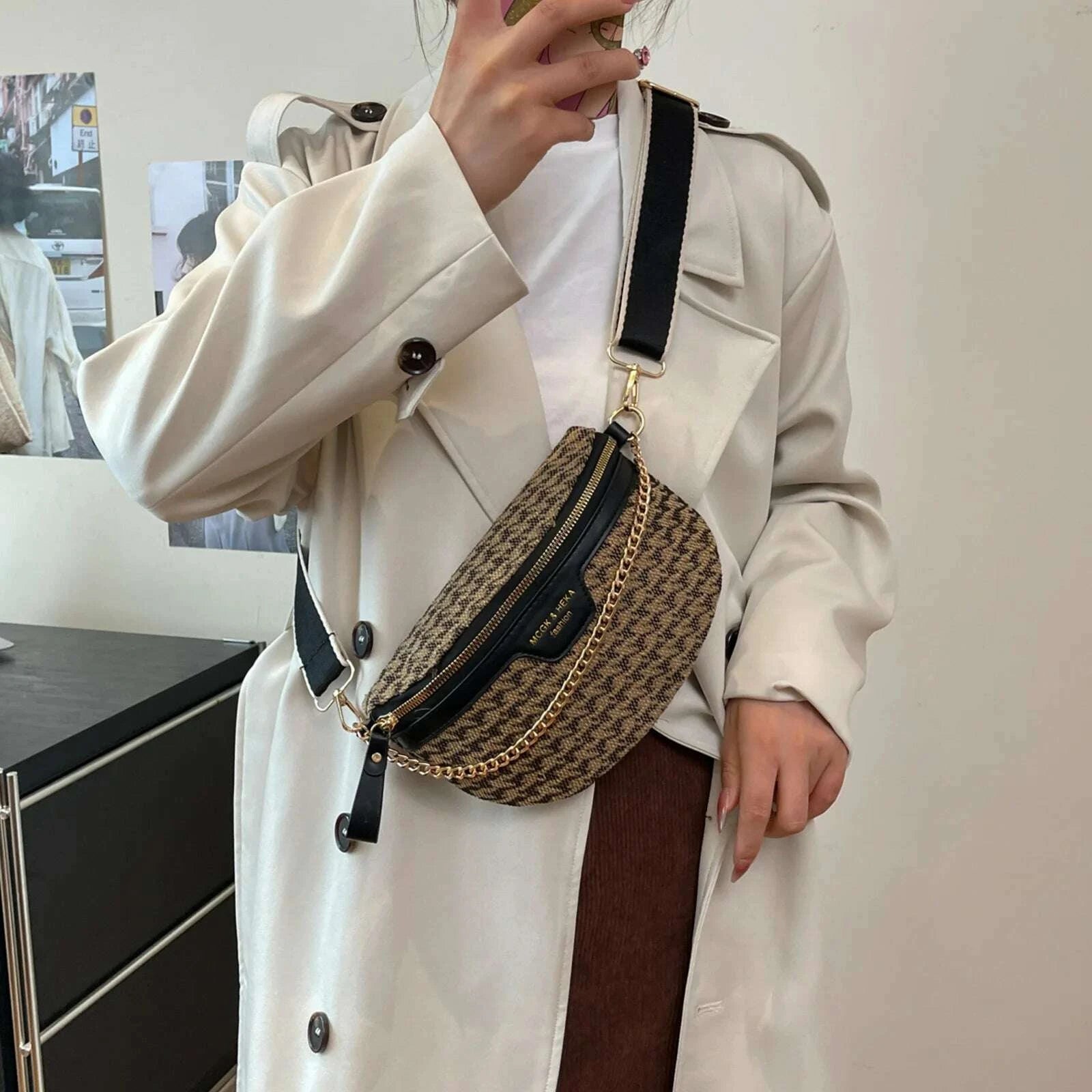 KIMLUD, Fashion Grid Chest Bag Retro Crossbody Bags Trendy Sling Shoulder Bag Travel Wide Strap Waist Bag Women Small Chain Fanny Pack, KIMLUD Womens Clothes