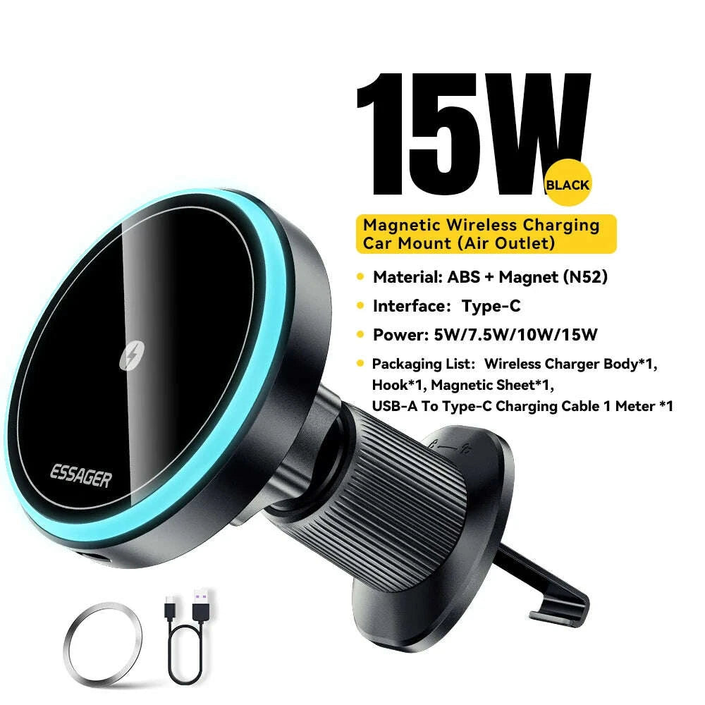 KIMLUD, Essager Magnetic Wireless Charger Car Phone Holder 15W RGB Seven Color Light Fast Charging Mount Stand For IPhone15 14 13Android, KIMLUD Womens Clothes