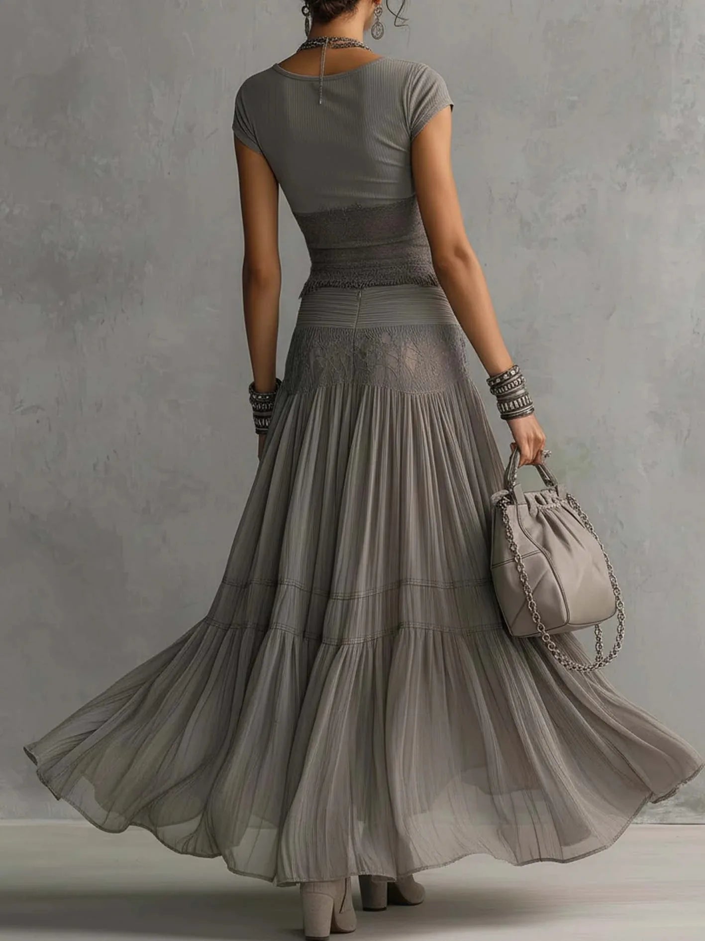 Lace-Spliced Maxi Two-Piece Set Slim-Fit Top And High-Waisted Skirt — Slate Gray | KIMLUD