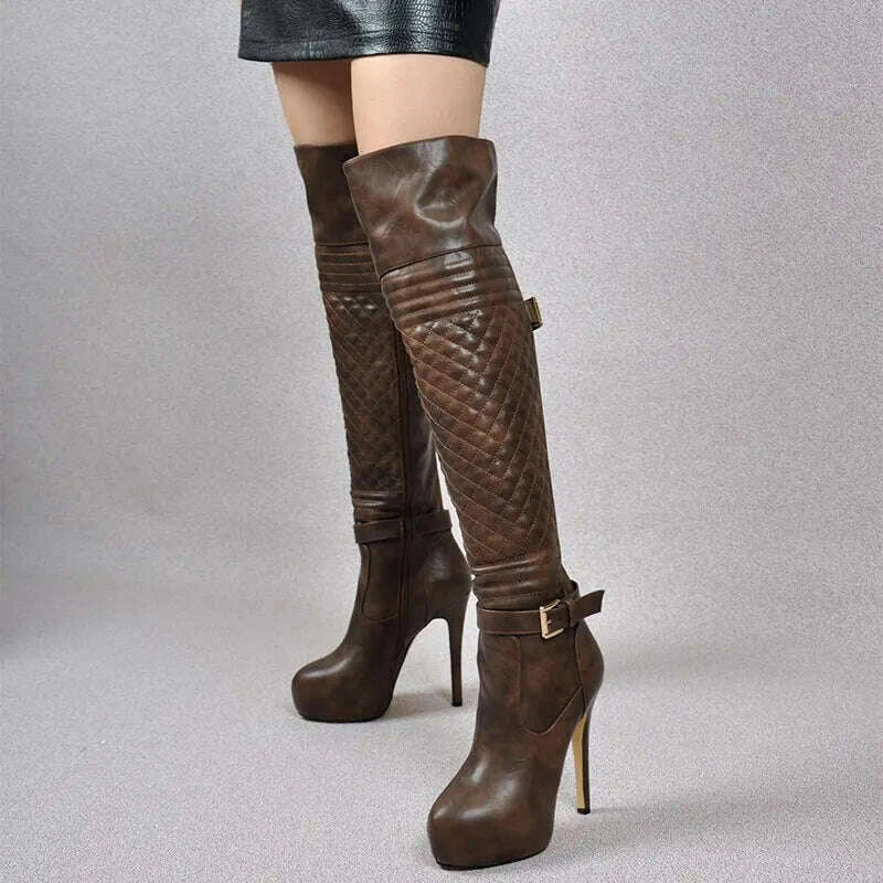 KIMLUD, Onlymaker Women Over The Knee Boots Thin High Heel Lady Black Metal Chain Decoration Zipper Female Platform Boots, KIMLUD Womens Clothes