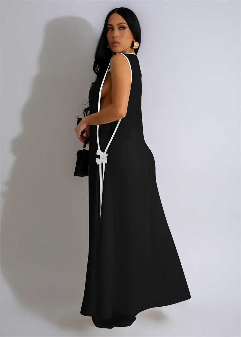 Bow Tie Matching Sets V-Neck Sleeveless Top And Wide-Leg Pants — Black | KIMLUD