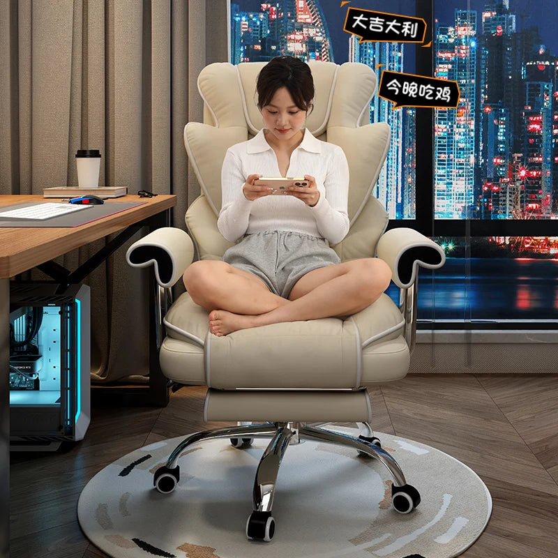 Ergonomic Kneeling Office Chair Cortex Upholstery With Contoured Backrest And Five-Star Mobility — Cream Ivory | KIMLUD