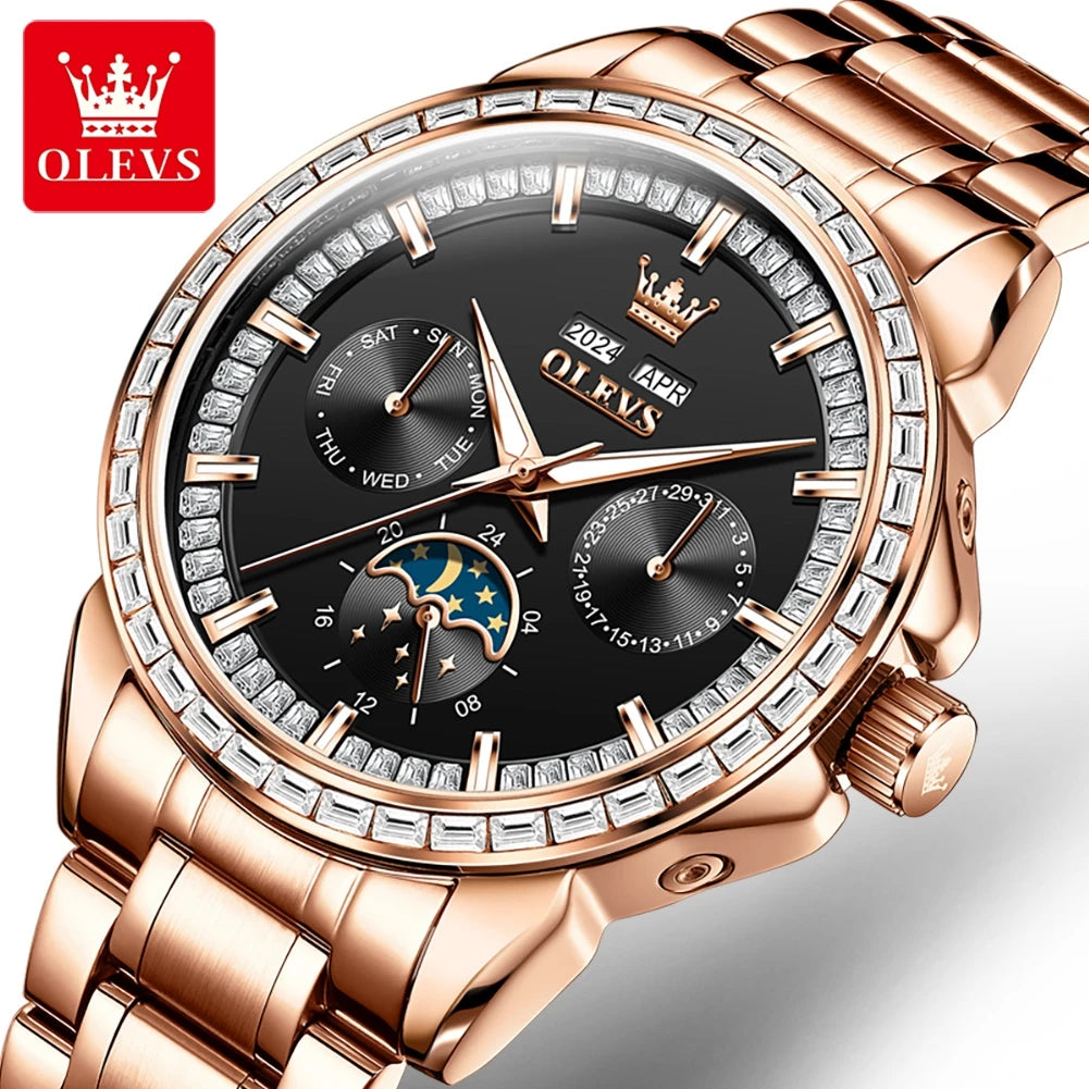 OLEVS 6695 Automatic Mechanical Men's Watches Luxury Brand Original Diamond Bezel Moon Phase Perpetual Calendar Man Wrist Watch