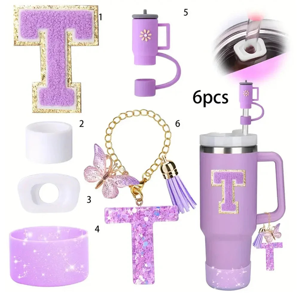 6 in 1 Cup Accessorie Set for Stanley Cup 40oz Tumbler Including Purple Silicone Straw Topper Boot Leak-proof Stopper Decoration