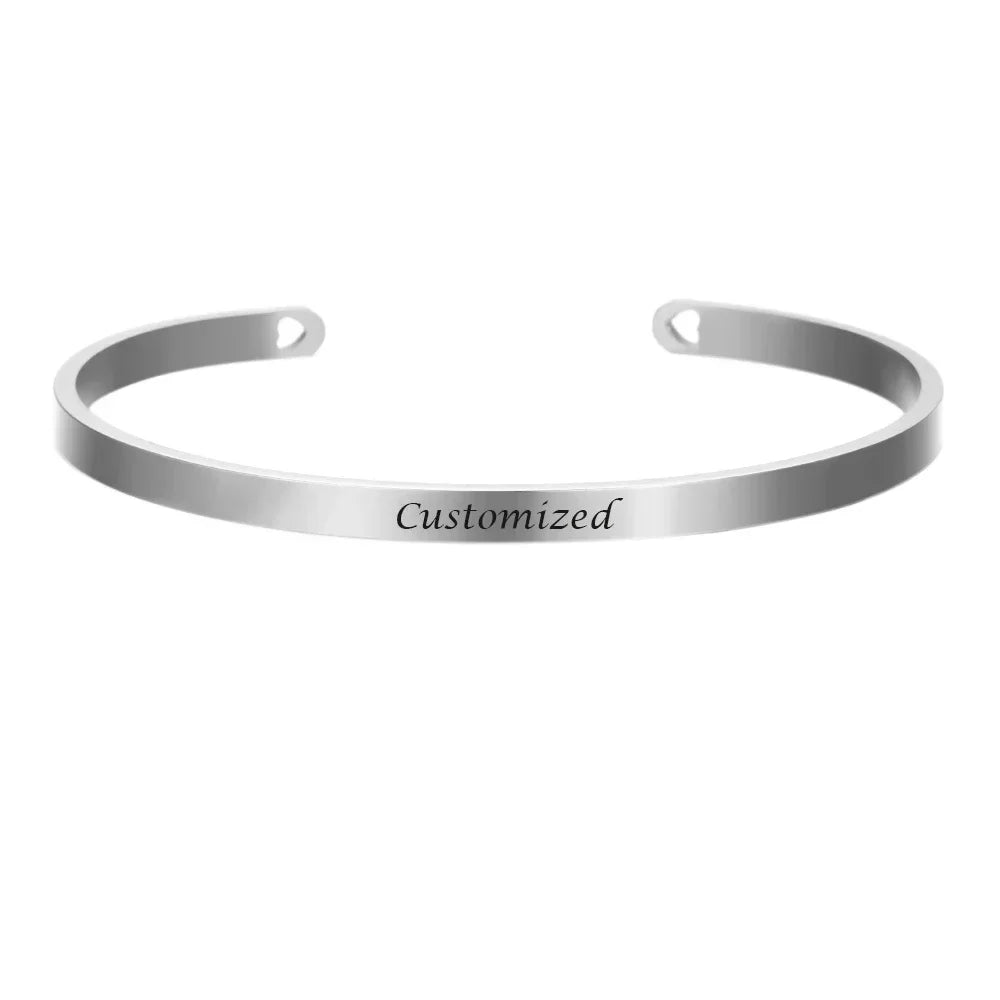 Stainless Steel Engraved Name Text Heart Cuff — Silver | KIMLUD