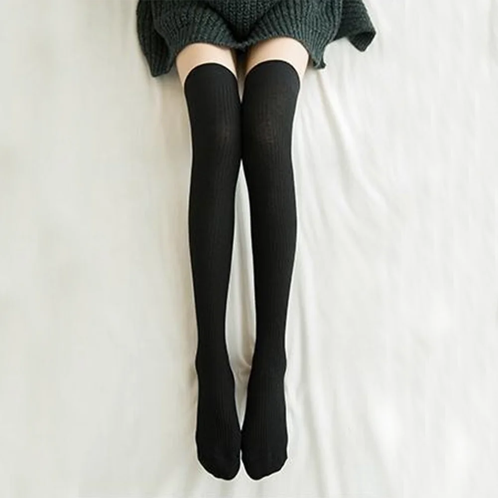 Knit Ultra-Warm Over-Knee Stockings Striped — Black | KIMLUD