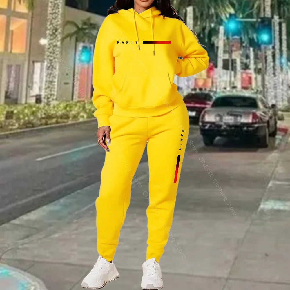 Paris Letter Print Hoodie and Pants Set — Cream | KIMLUD