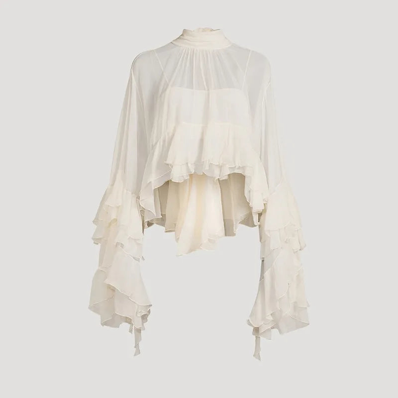 Long-Sleeved Top – Mesh Edge Design – Broadcloth | KIMLUD
