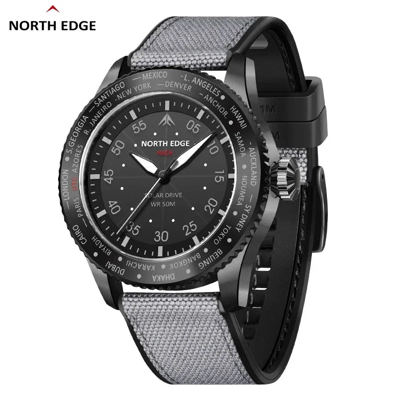NORTH EDGE Watches for Men MACH 2024 New Desgin Solar Powered Watch Dual Time Zone Waterproof TPR Nylon Strap Pilot Mens Watch