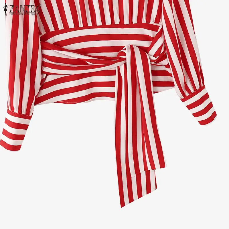 ZANZEA Women Stylish Tie Waist Striped Blouses 2025 Autumn Fashion Long Sleeve Cutout Turtleneck Tops Woman Clothing Streetwear