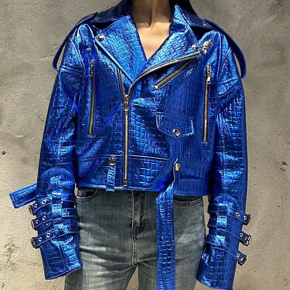Shiny Blue Women Leather Jacket Real Lambskin Leather Cloth Streetwear Leather Jackets