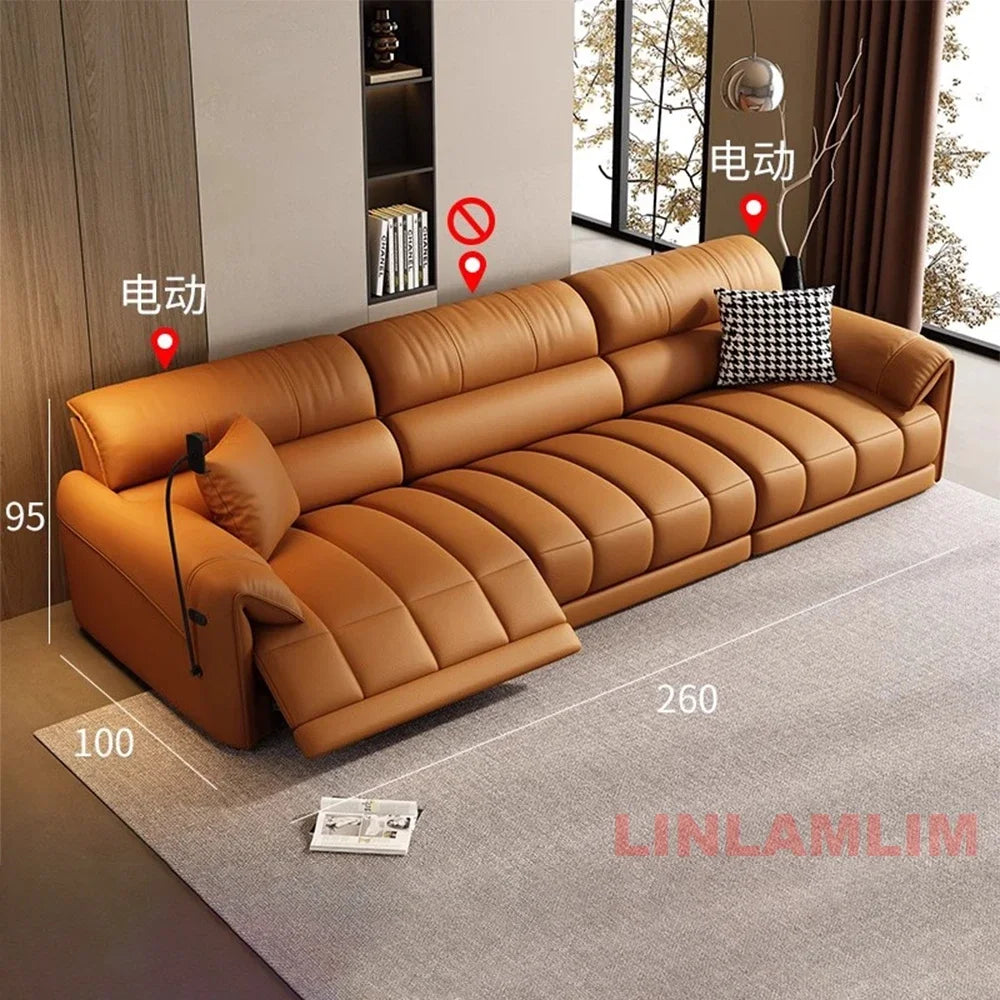 Italian Genuine Leather Electric Reclining Sofa With Adjustable Footrest USB And Foldable Center Console — Caramel Tan | KIMLUD