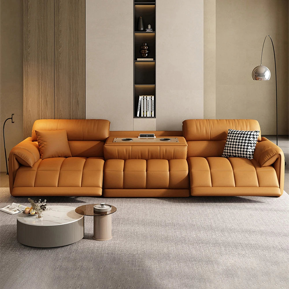 Italian Genuine Leather Electric Reclining Sofa With Adjustable Footrest USB And Foldable Center Console — Caramel Tan | KIMLUD