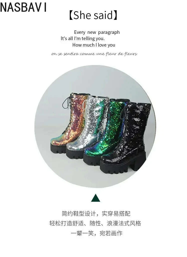KIMLUD, NASBAVI Sequins Cloth Bling Shiny Green Fish Scale Pattern Lace-up Punk Goth Women Winter Shoes Chunky Heels Mid-calf Boots 43, KIMLUD Womens Clothes