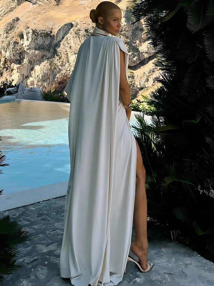 Kliou Women Elegant 2Piece Set Turtleneck Asymmetrical Hem One Sleeve Ruched Long Top+Elastic Waist Skirt Greek Style Outfits