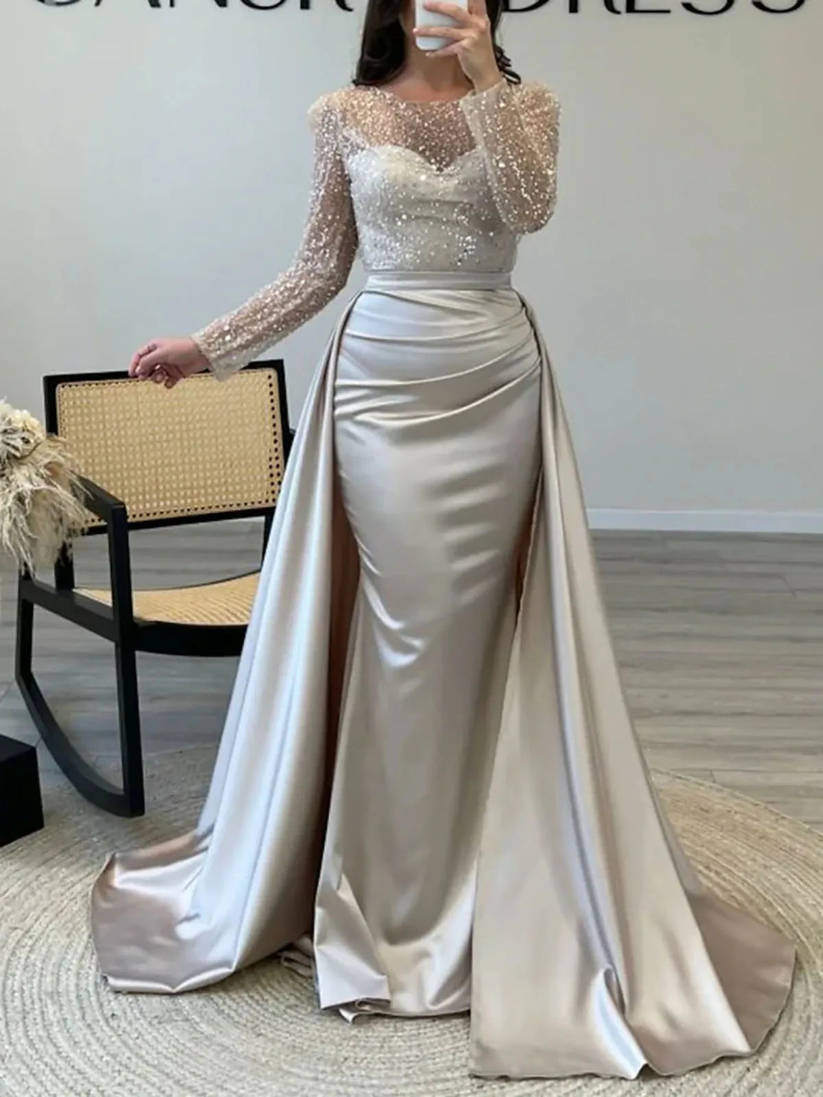 Women's Luxurious Sequins Evening Dress Round Neck Ruched Tiered Bodycon Maxi Dress For Female Prom Wedding Host Elegant Dresses
