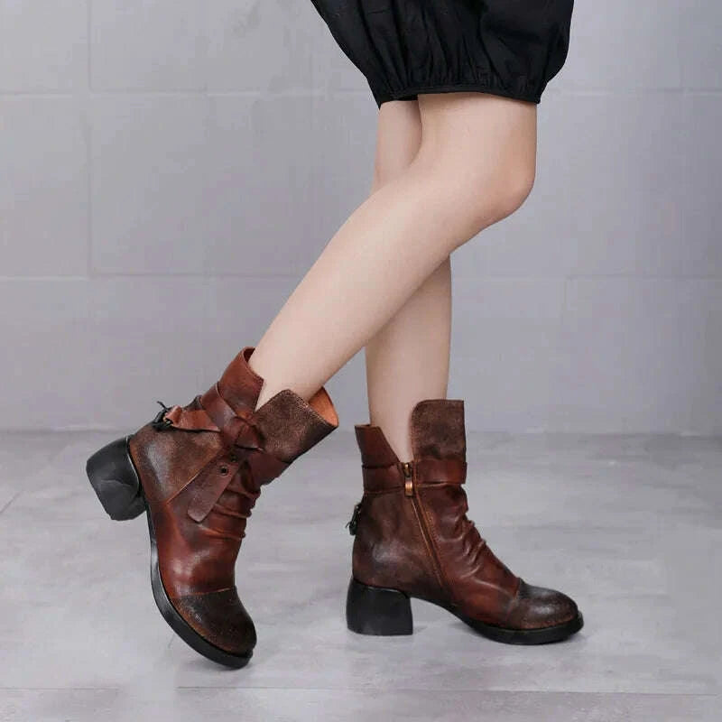 KIMLUD, Careaymade-Genuine Leather Patchwork Ankle Vintage Short Boots Zipper Women Shoes Fashion Round Head Mujer Soft Botas Femininas, KIMLUD Womens Clothes