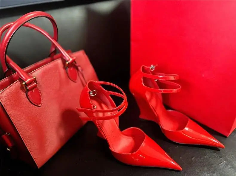 Wedge Pumps Mary Jane Buckle Strap — Red Cherry | KIMLUD