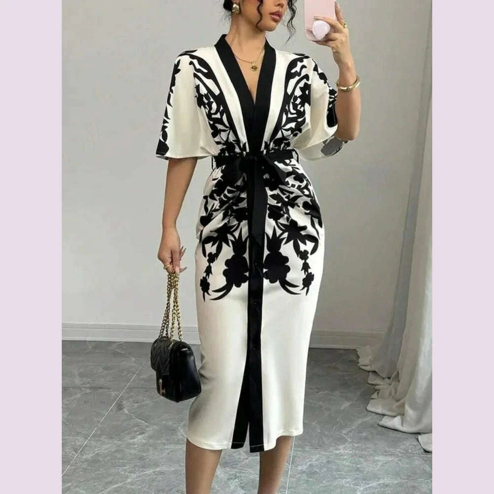 Yeezzi Urban Elegant Women Flower Printed Tied Waist Party Evening Mid
