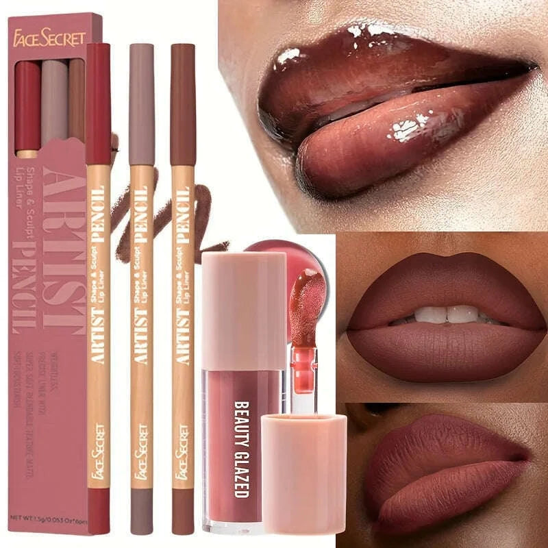 face-secret-4pcssetmoisturizing-fresh-lightweight-plumping-lip-gloss-with-brown-lipliner-set-non-sticky-liquid-lipstick-makeup-kimlud-kimlud-33919084