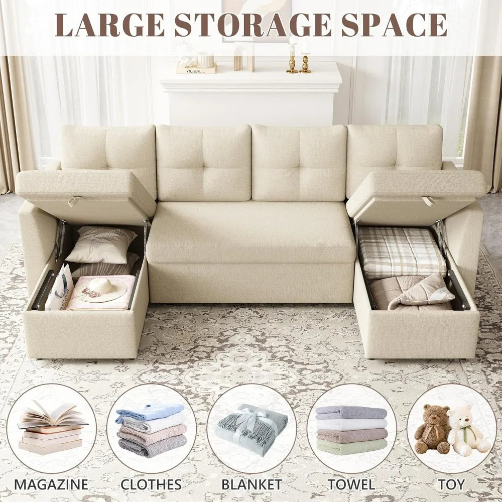 Microfiber Sleeper Sofa 2-In-1 With Storage Chaise — Beige | KIMLUD