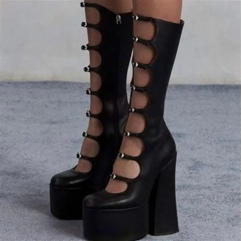 PU Knee-High Boots Side Zipper Square Heel Platform — Black | KIMLUD