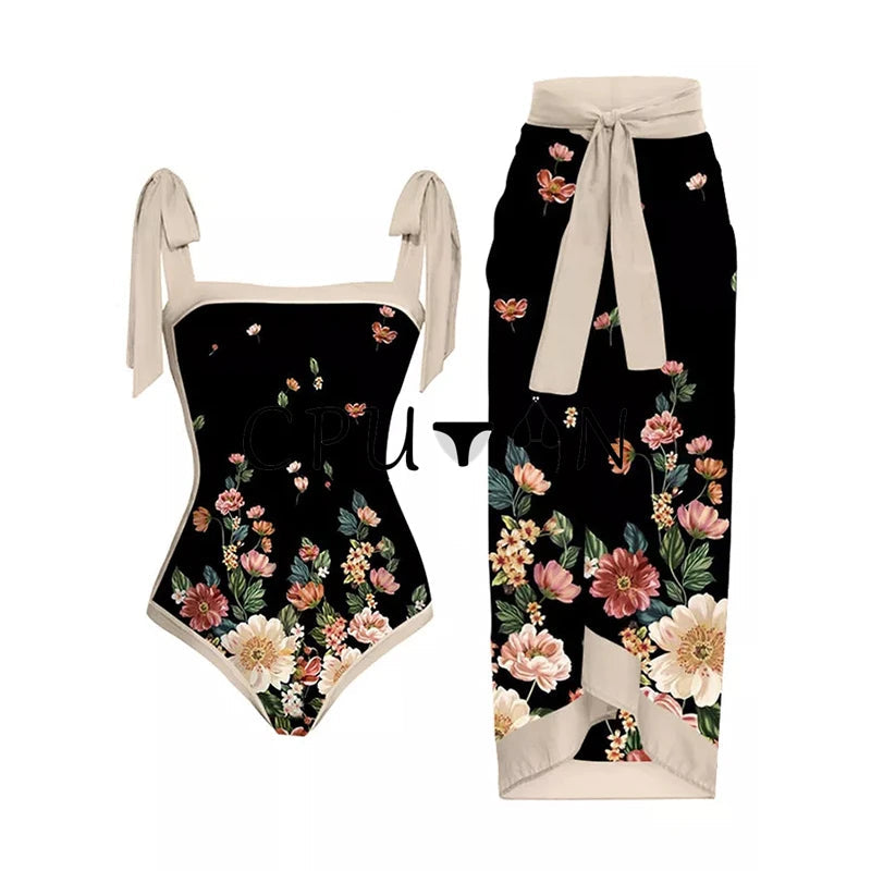 Halter Floral One Piece Swimsuit Skirt — Green | KIMLUD