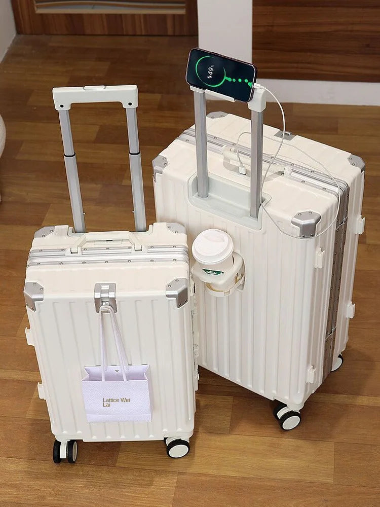 New Suitcase 30 inch Aluminium Frame USB Charging Luggage Carrier Boardable 20 inch Cabin Suitcases on Wheels with Cup Holder