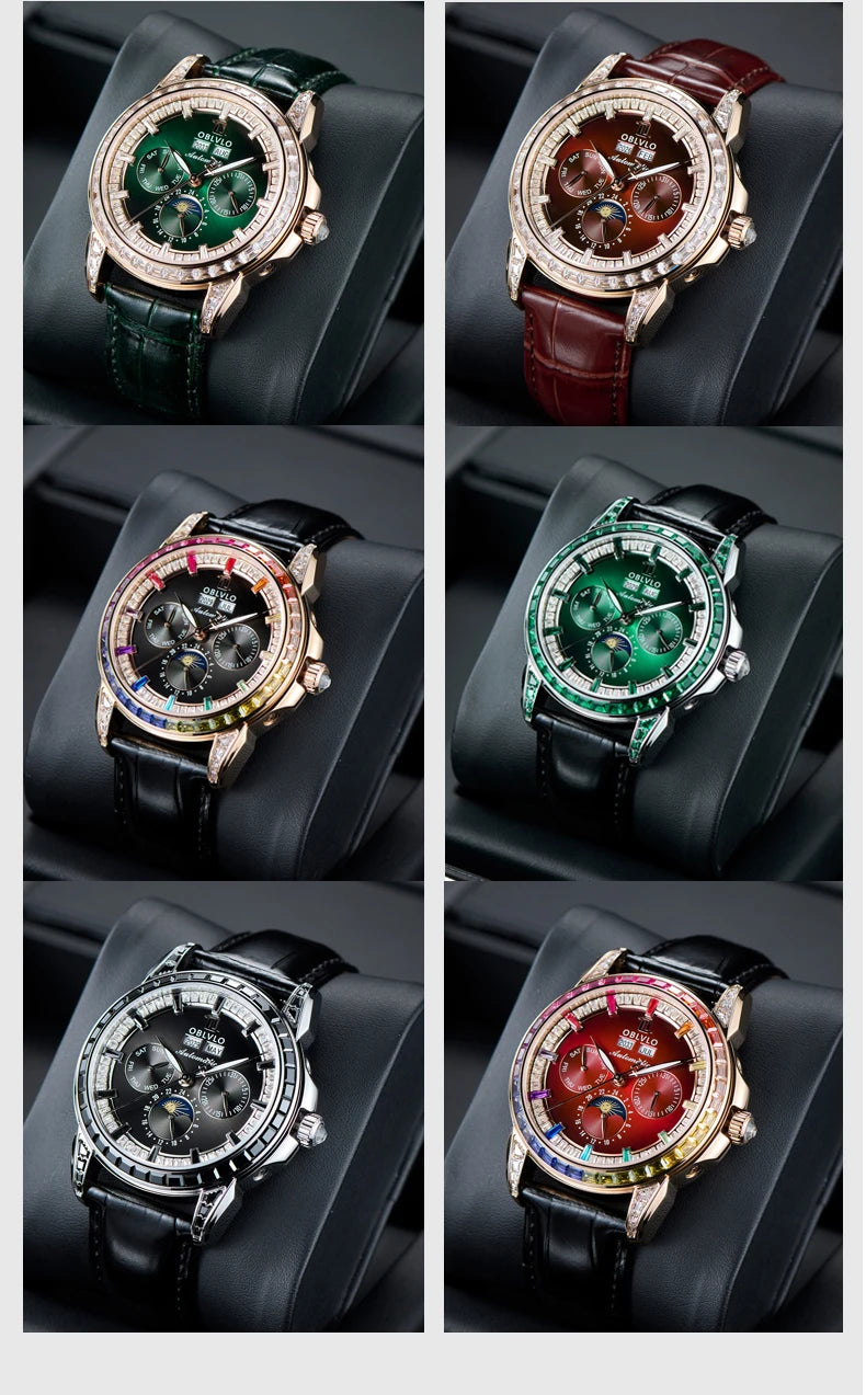 Moonphase Automatic Leather Strap Watch Complete Calendar — Red | KIMLUD