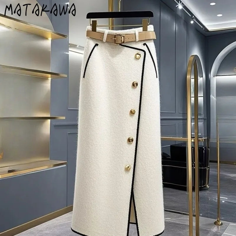 Matakawa Spring Autumn Women Skirts Contrast Color Korean Fashion Chic Faldas Mujer A-line Elegant Simple Sweet Long Skirt