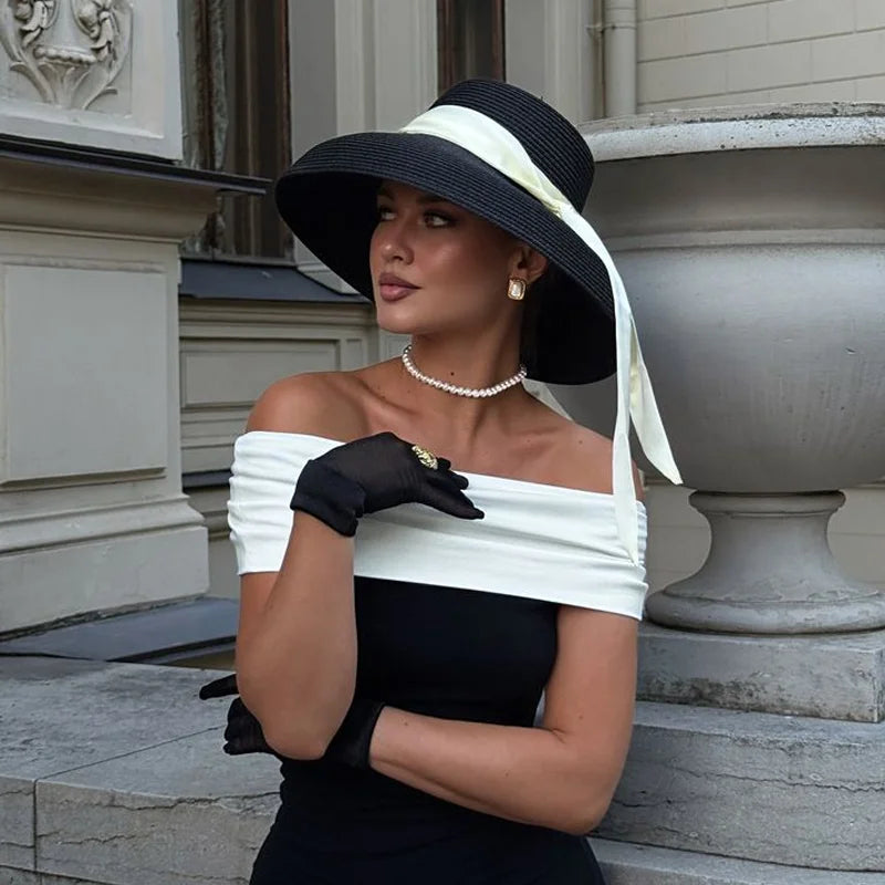 Panama Straw Floppy Sun Hat — Black With Ivory Ribbon | KIMLUD