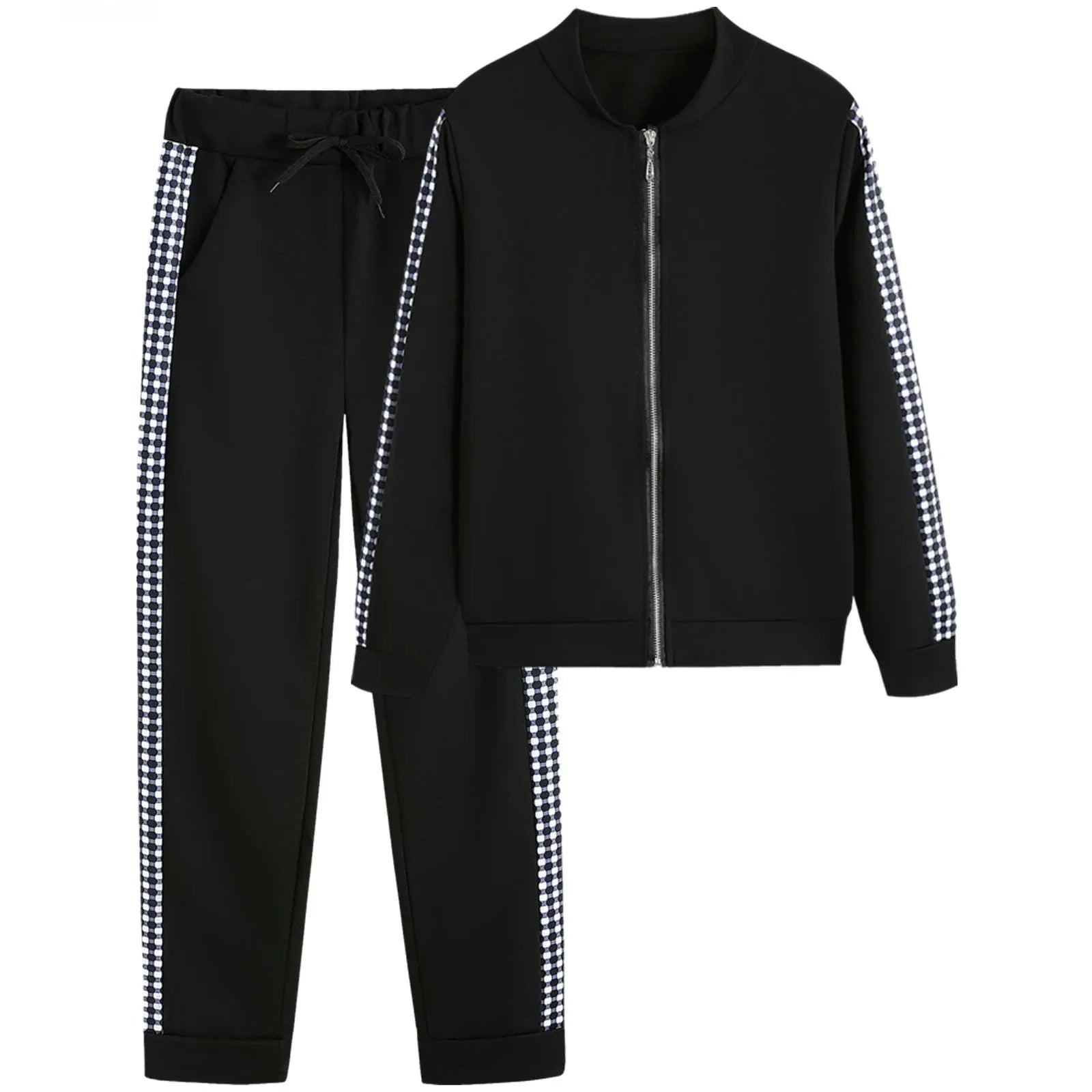 Sport Plaid Patchwork Long Sve Set Women's Casual Sportswear Polyester Fabric Zipper Closure Long Pants Two-Piece Set