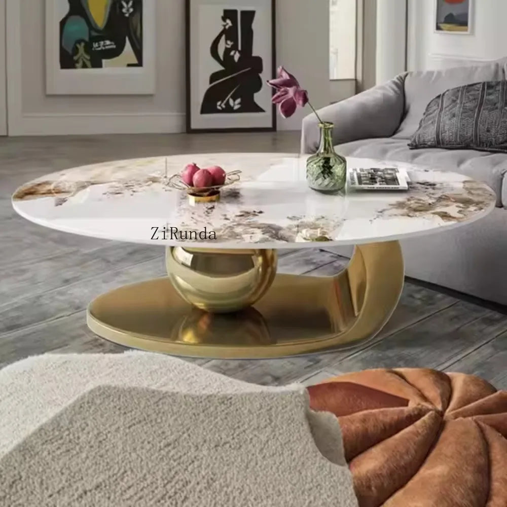 Gold Oval Coffee Table Sintered Stone Marble Top — Gold-Tone | KIMLUD