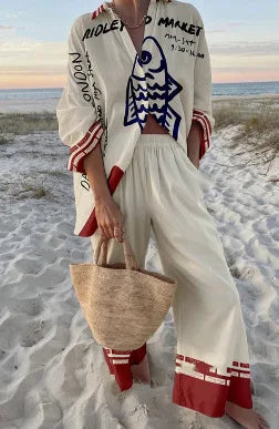 Two-Piece Set – Boho Beach Print – Loose Silhouette | KIMLUD