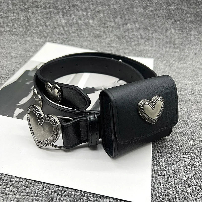 PU Leather Belt No Buckle Retro Heart Design — Black | KIMLUD