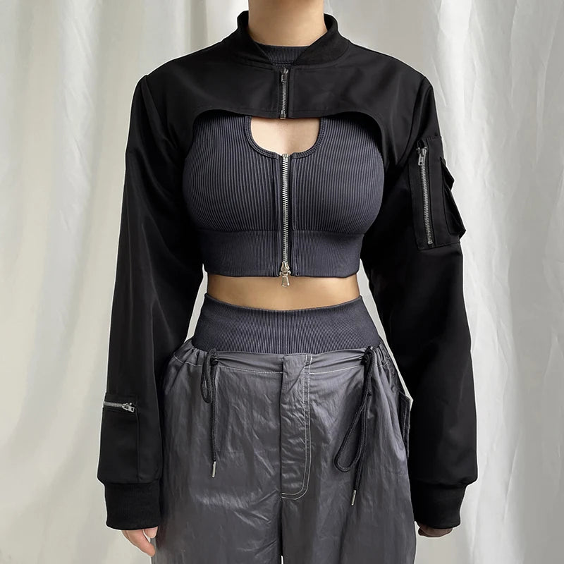 Showmirror Super-short Black Jacket Zipper Long Sleeve Harajuku Cropped Tshirt Gothic Techwear Fashion Korean Tee Punk Street