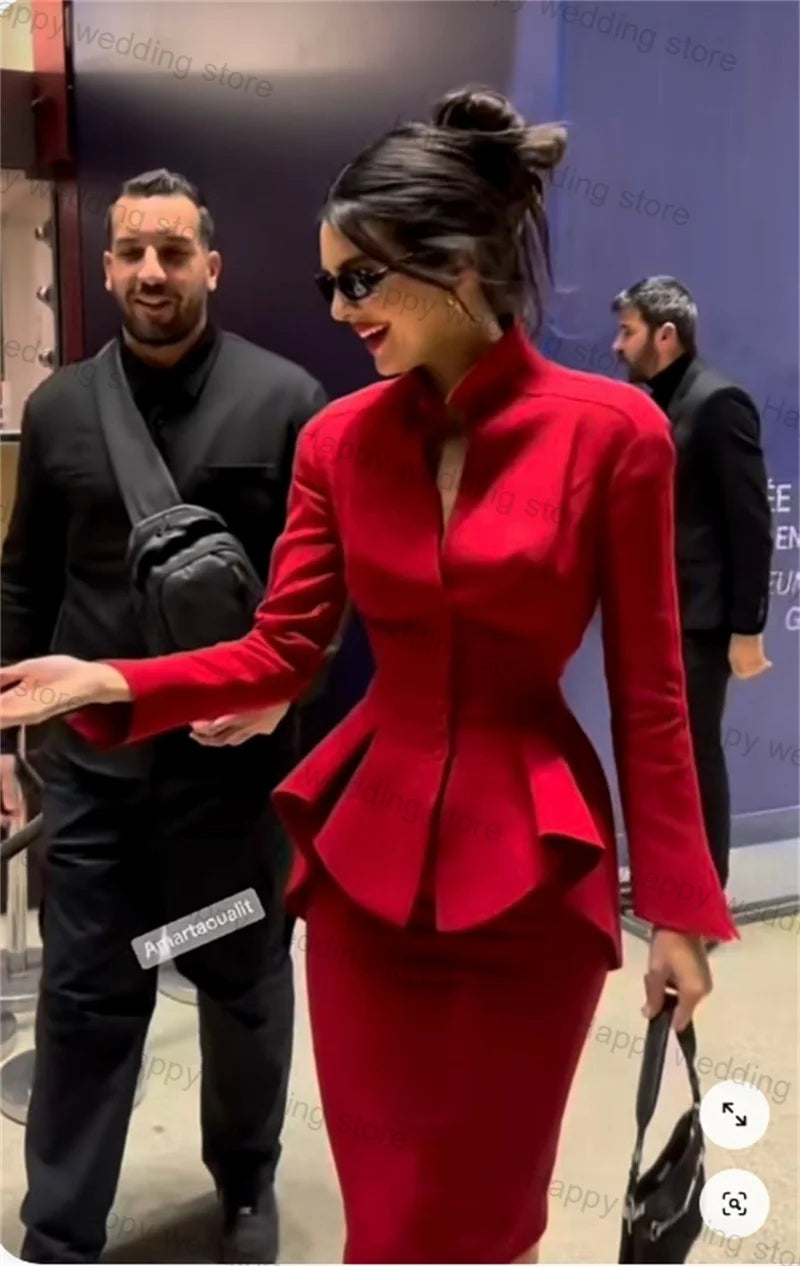 Red Formal Women Suit Skirt Set 2 Piece Blazer+Mini Short Prom Dress Business Office Lady Cotton V Neck Coat Jacket Customized