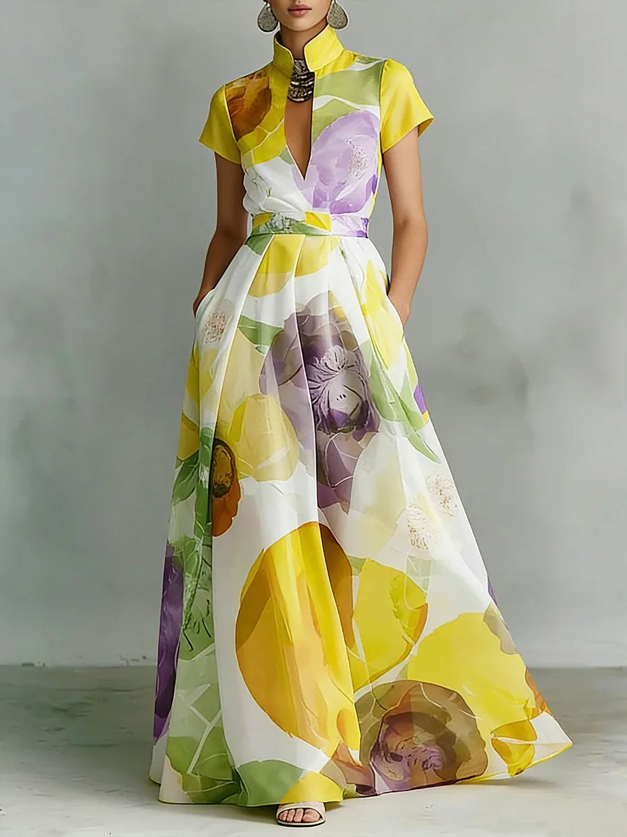 Maxi Dress – Floral Print – Polyester – Deep V-Neck | KIMLUD