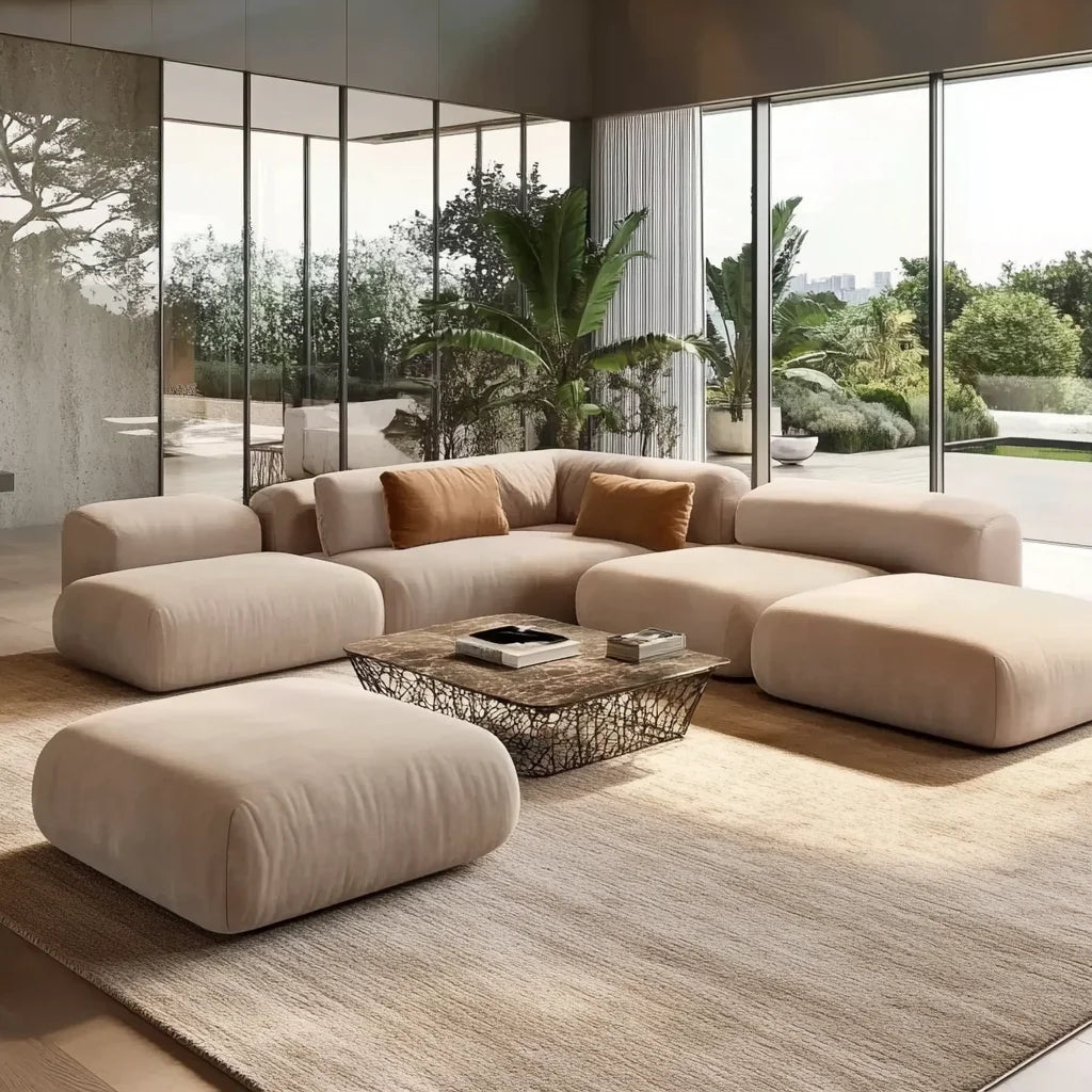 Velvet Modular Sectional Sofa With Chaise Convertible With Plush Cushions — Cream Beige | KIMLUD