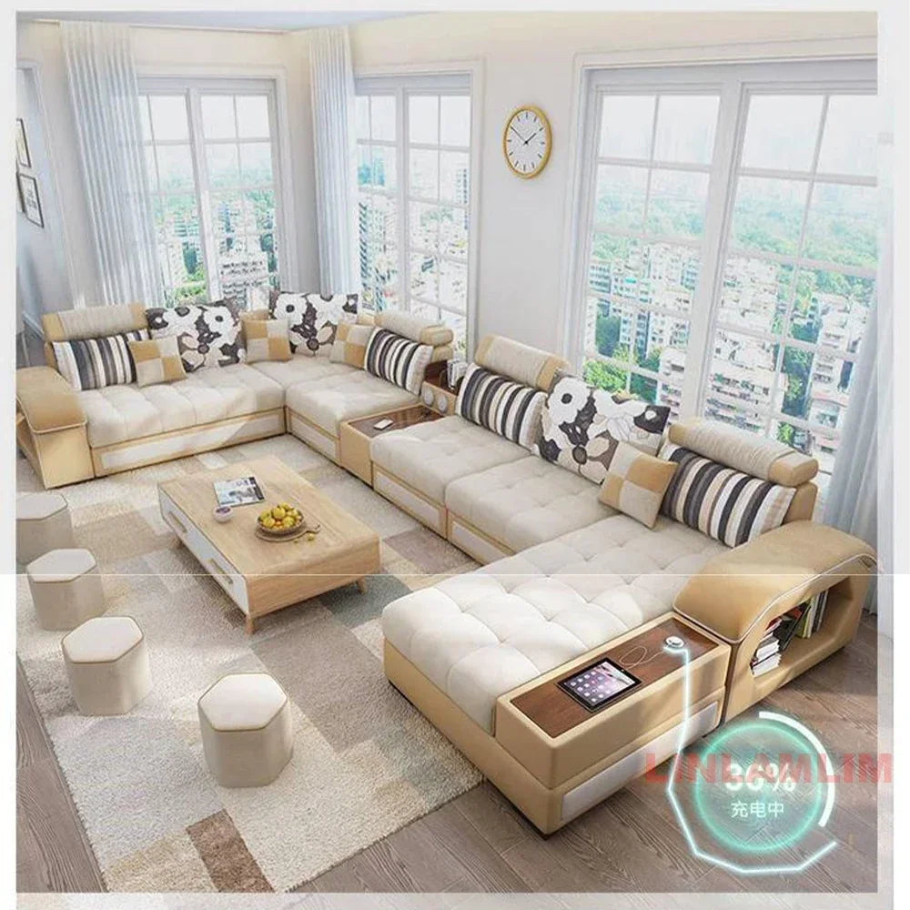 U-Shaped Sectional Fabric Sofa With Storage And Built-In Side Table — Gray | KIMLUD