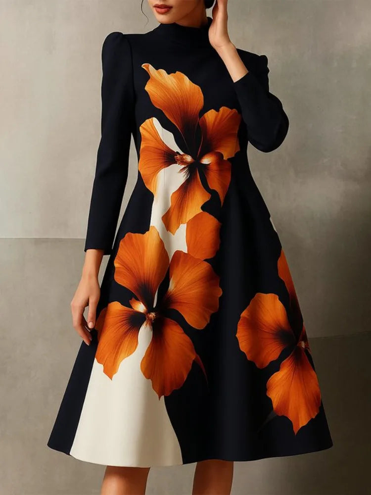 A-Line Midi Dress – Stand Collar – Polyester | KIMLUD