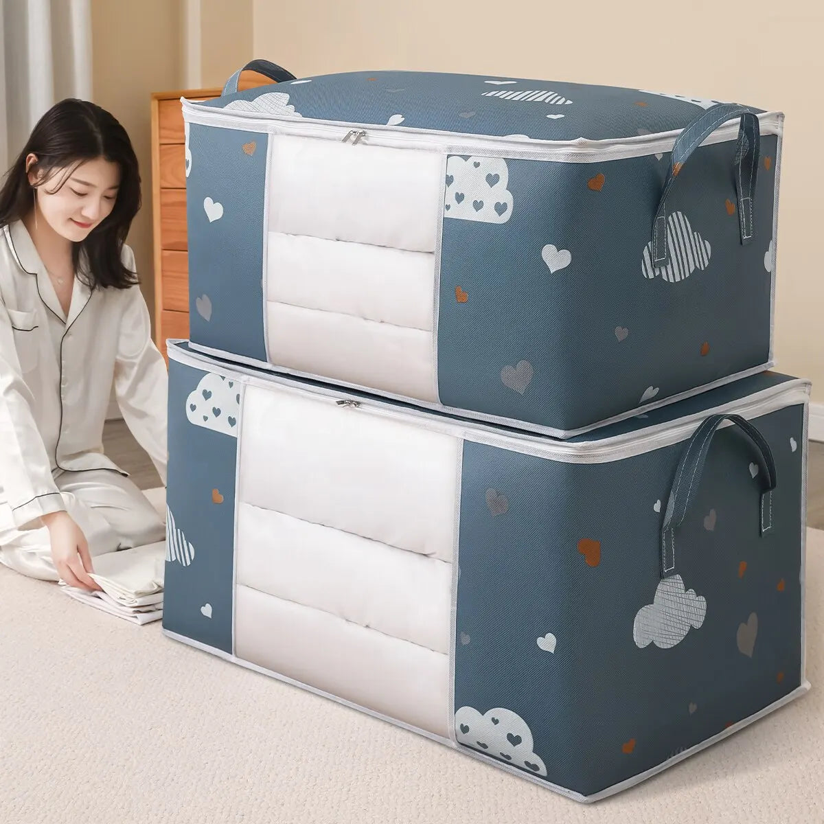 Nonwoven Floral Large Capacity Storage Bag — Ivory | KIMLUD