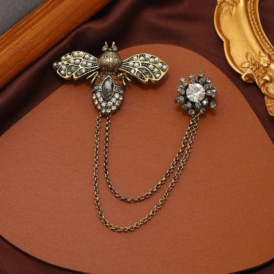 KIMLUD, Vintage Fashion Black Crystal Sparkling Rhinestone Brooch Creative Lapel Pin Medieval Design Long Chain Brooches Autumn Winter, KIMLUD Womens Clothes