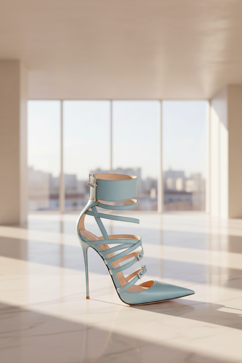 Crystal Decor Leather Pointed Toe Stiletto Sandals — Blue | KIMLUD