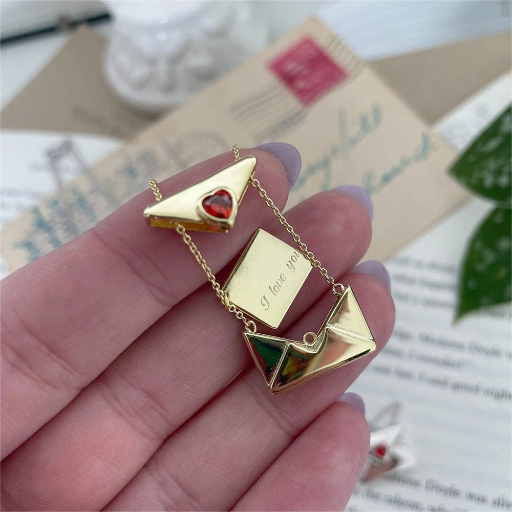 Gold Color Envelope Necklace Zircon Heart Locket I Love You Necklaces Valentine Jewelry for Girlfriend Women Mothers Day Gift