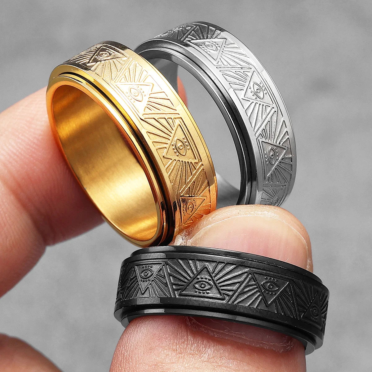 Illuminati Freemasonry Fidget Spinner Eye Stainless Steel Men Rings Punk Male Women Fashion Jewelry Creativity Gift Wholesale