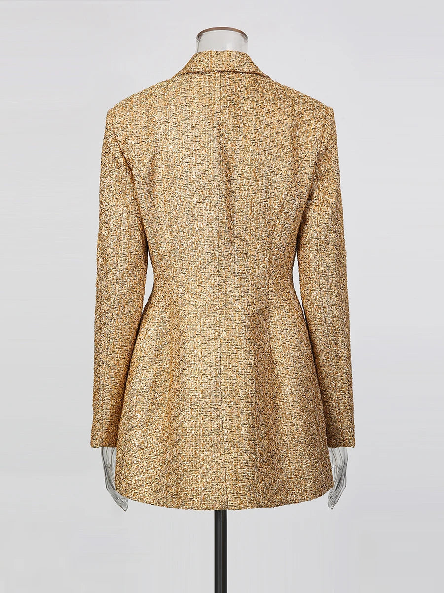 Sequin Patchwork Temperament Coat Double Breasted Lapel Long Sleeves — Champagne Gold | KIMLUD