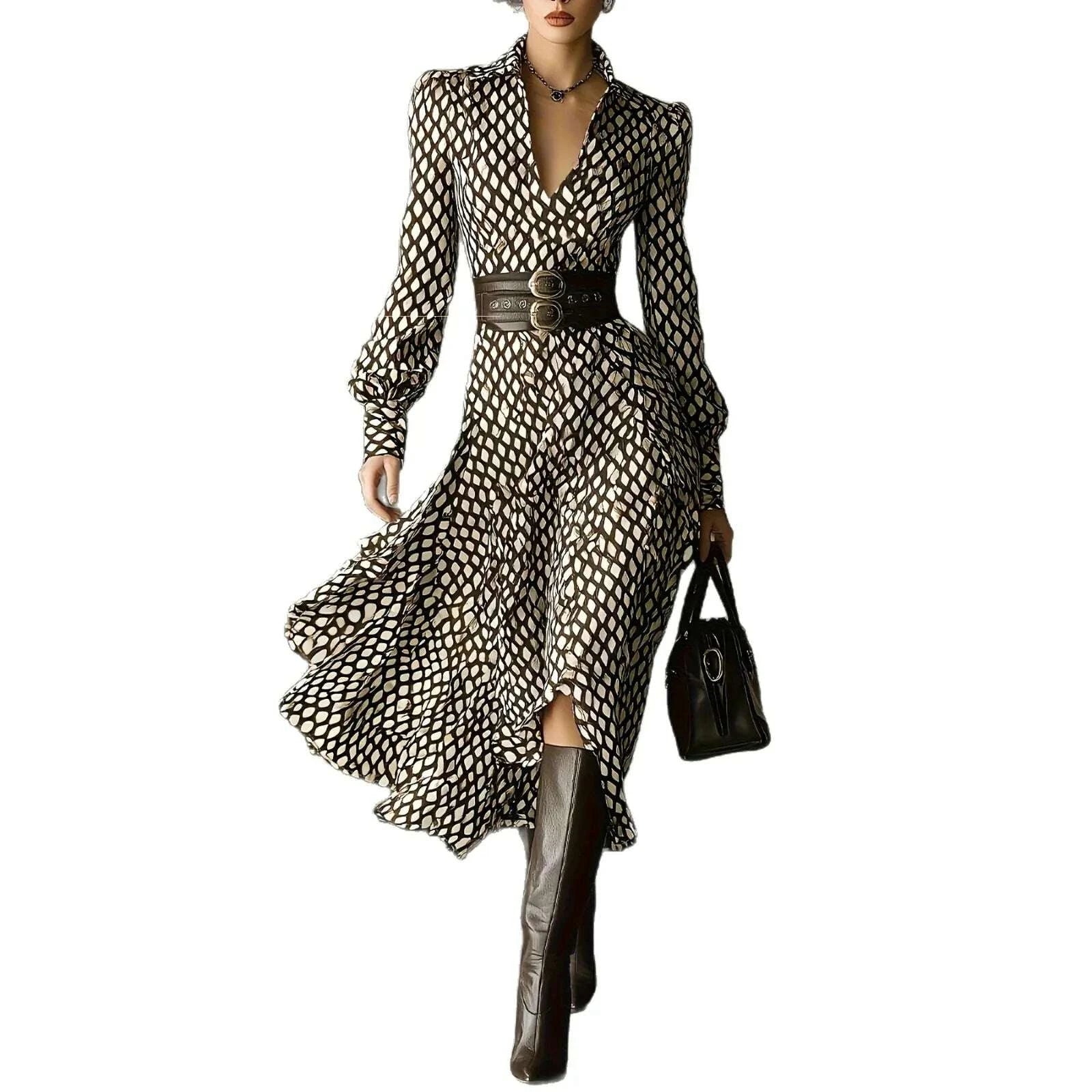 KIMLUD, Women's Vintage Plaid Print Shirt Dress V-neck Bubble Long Sleeve High Waist Slim A- line Skirt Elegant Midi Dress Autumn Fashio, KIMLUD Womens Clothes