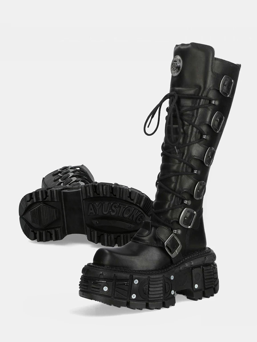 Belt Buckle Motorcycle Boots Knee High Rock Punk Round Toe Thick Bottom Leather Solid Color Fashion Sexy Women Shoes New
